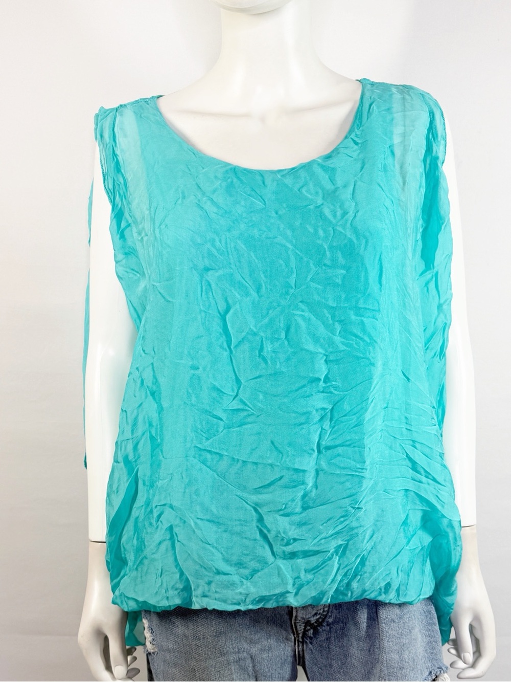 Scandal Aqua Blue Flowy Blouse Top One Size Casual Summer Silk Lagenlook Classic